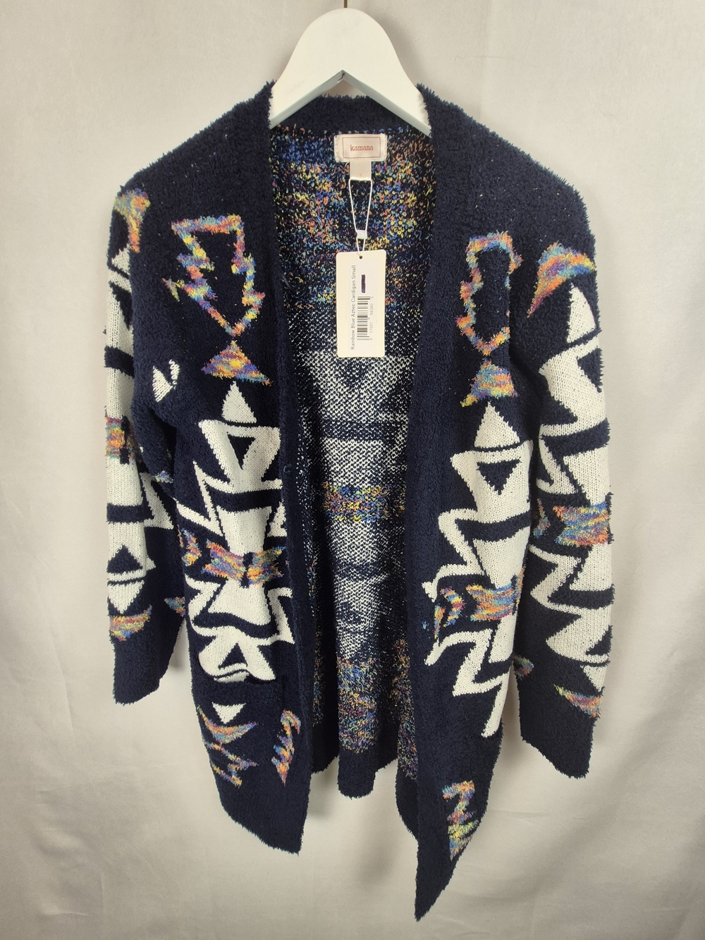 Kamana Women's Navy Geometric Open-Front Cardigan with Multicolor Accents Small
